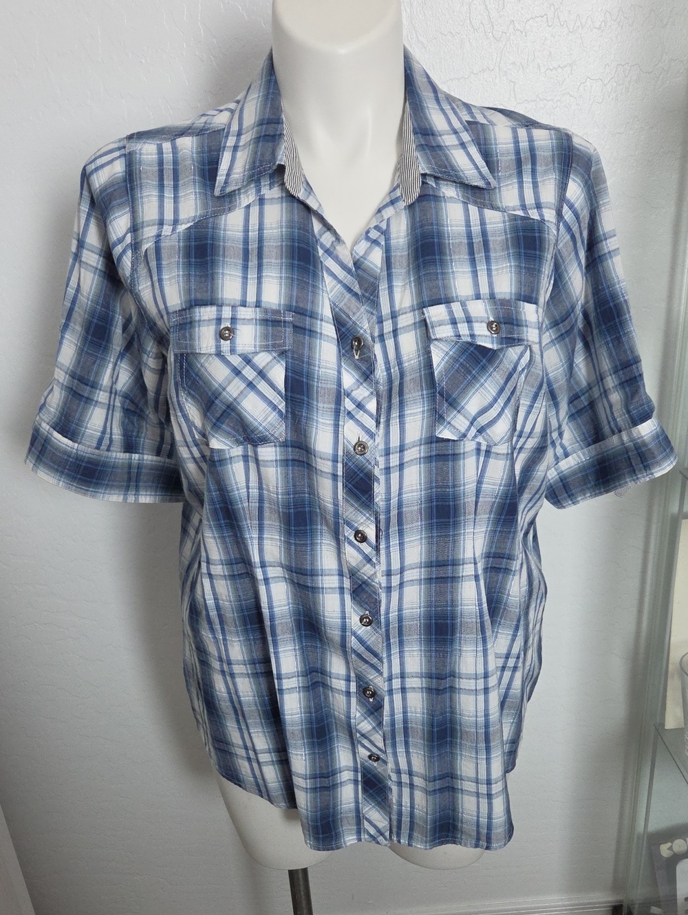 dressbarn Blue and White Plaid Button-Up Shirt